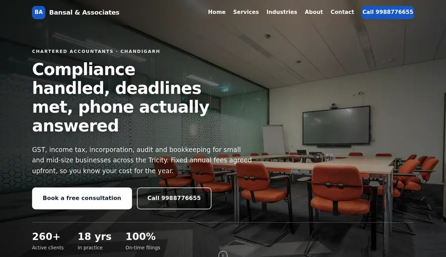 CA aur consultant ki website ka demo — fees, industries aur consultation booking