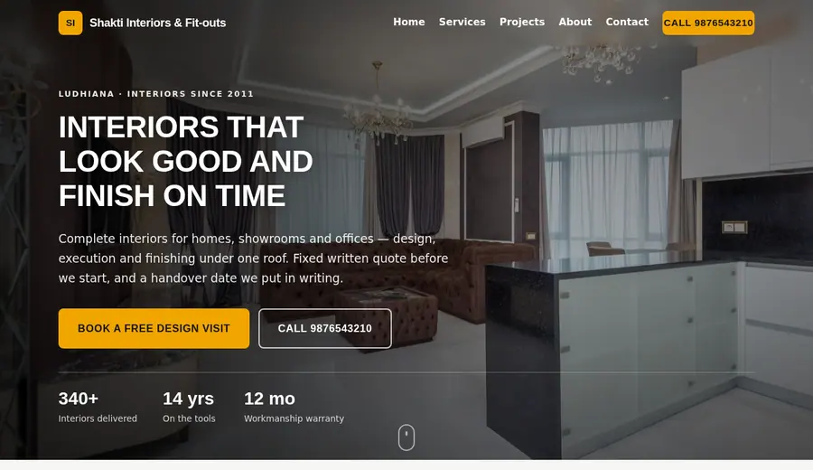 Interiors aur showroom ki website ka demo — project gallery aur rate card